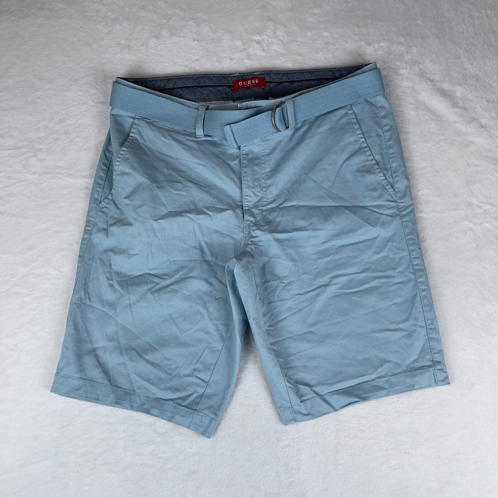 GUESS Chino Shorts Men's 34 Blue Abel Stretch‎ Flat-Front Slip Pockets Belted
